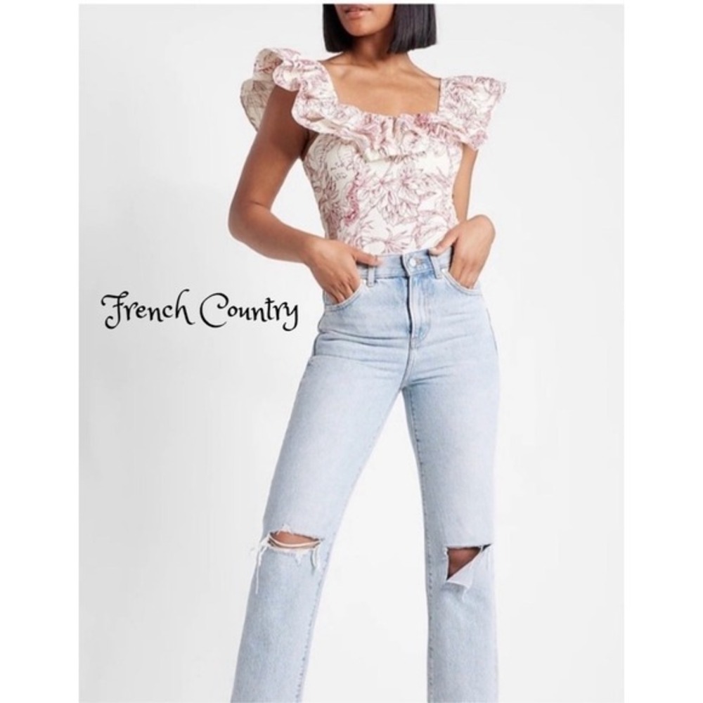 French Country Express Floral Toile Ruffle Sleeve Square Neck Smocked Bodysuit